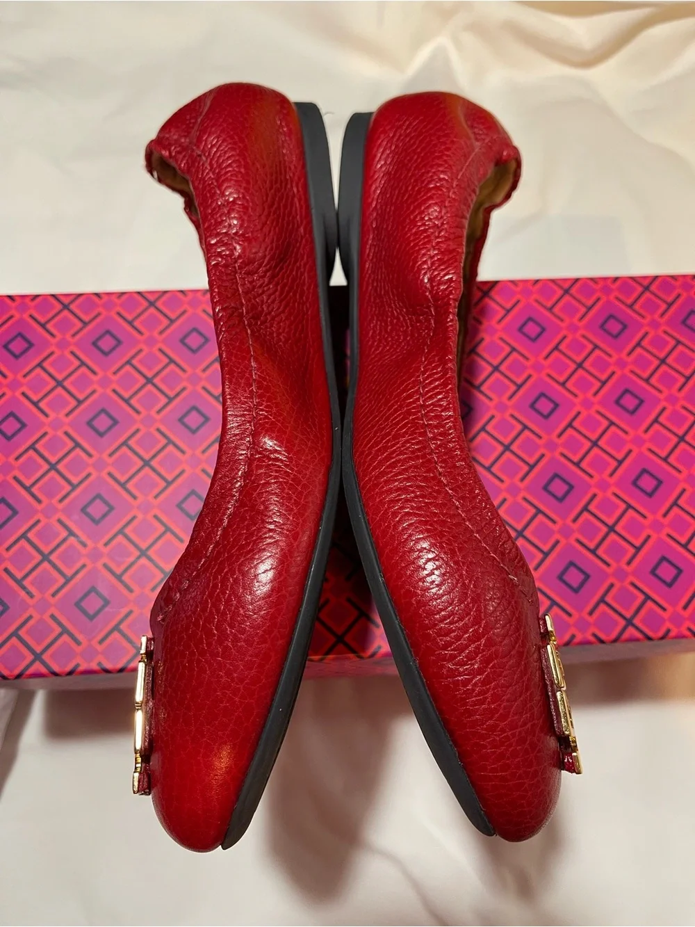 Tory Burch Red (Cerise) Leather Logo Melinda Ballet Flats
